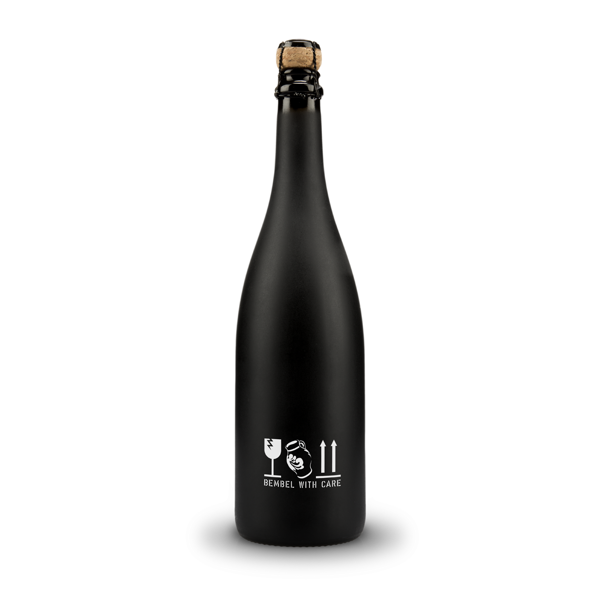 BEMBEL-WITH-CARE Apfelschaumwein (0,75L), Cider-Apfelsekt, Frontansicht schwarze Glasflasche